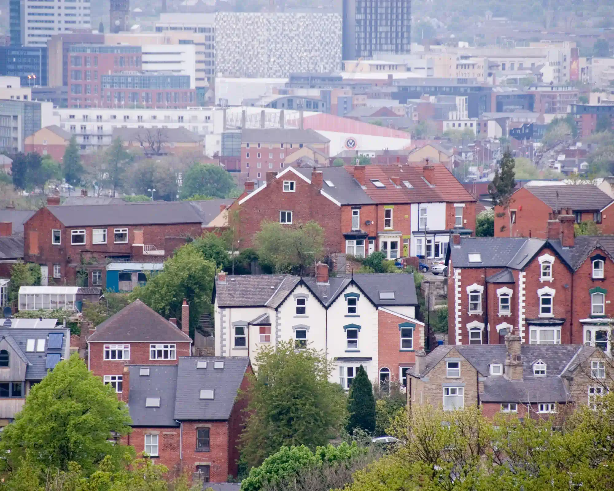 Red-brick Victorian houses and leafy gardens on a hillside in Sheffield, with Bramall Lane stadium and the city centre's office blocks behind.