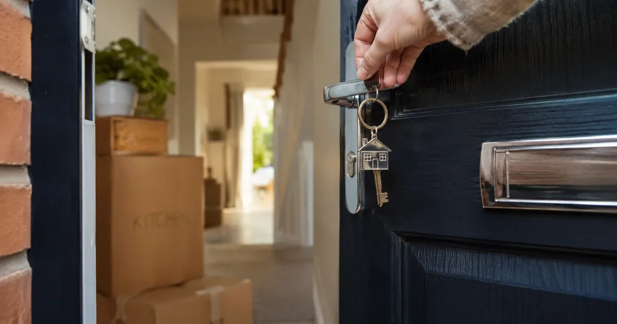 A close-up of new house keys in a front door, with moving boxes just inside the hallway.