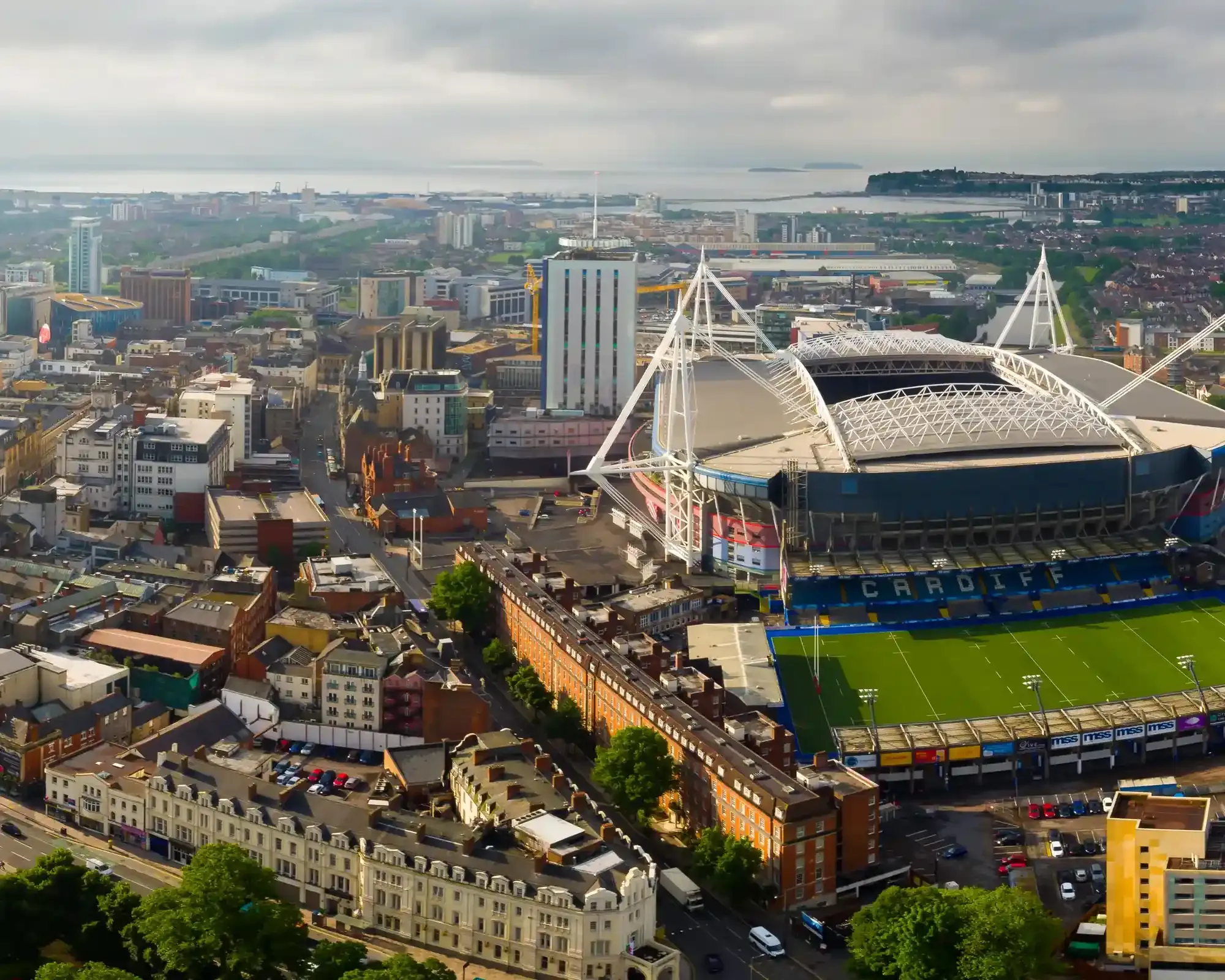 Aerial view of Cardiff city centre and Principality Stadium