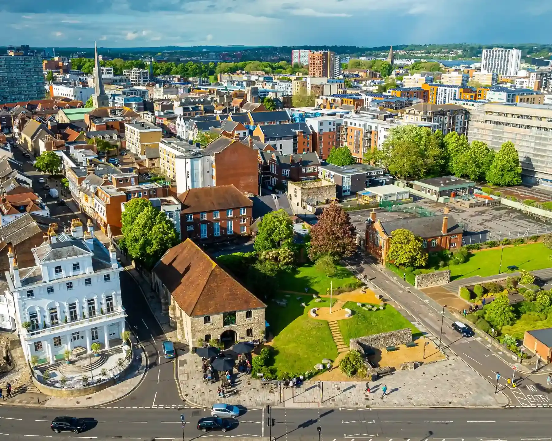 Aerial view of Southampton's Old Town, featuring the medieval town walls and city rooftops