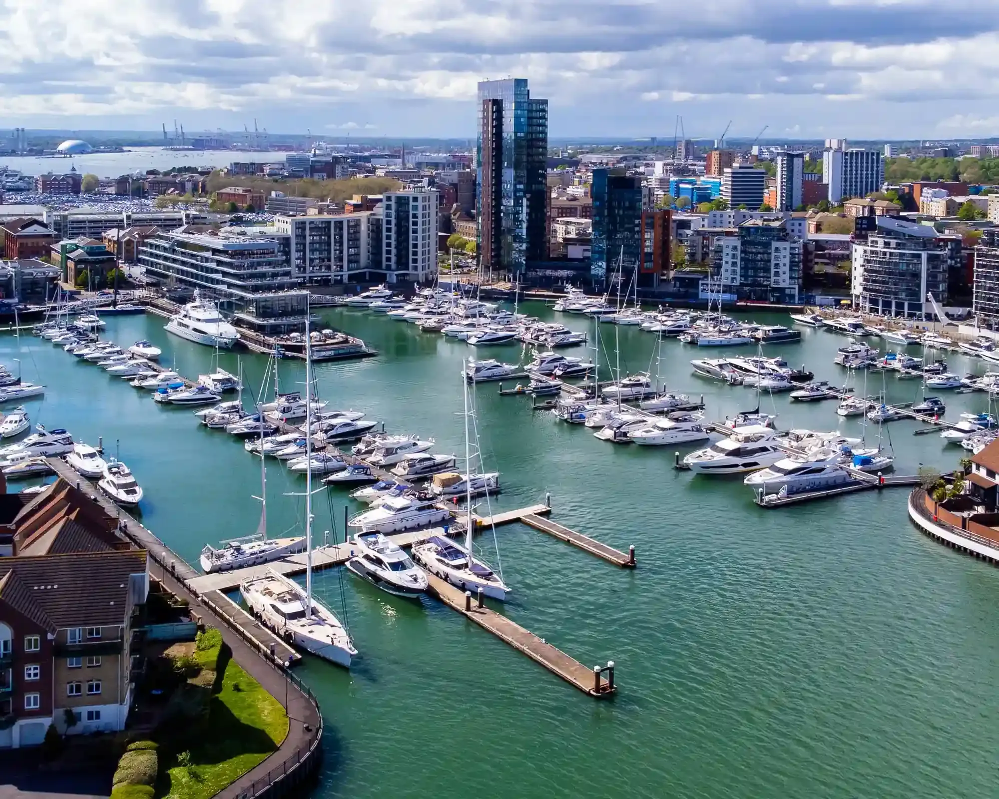 Aerial view of Southampton's marina and city skyline, home to our conveyancing solicitors