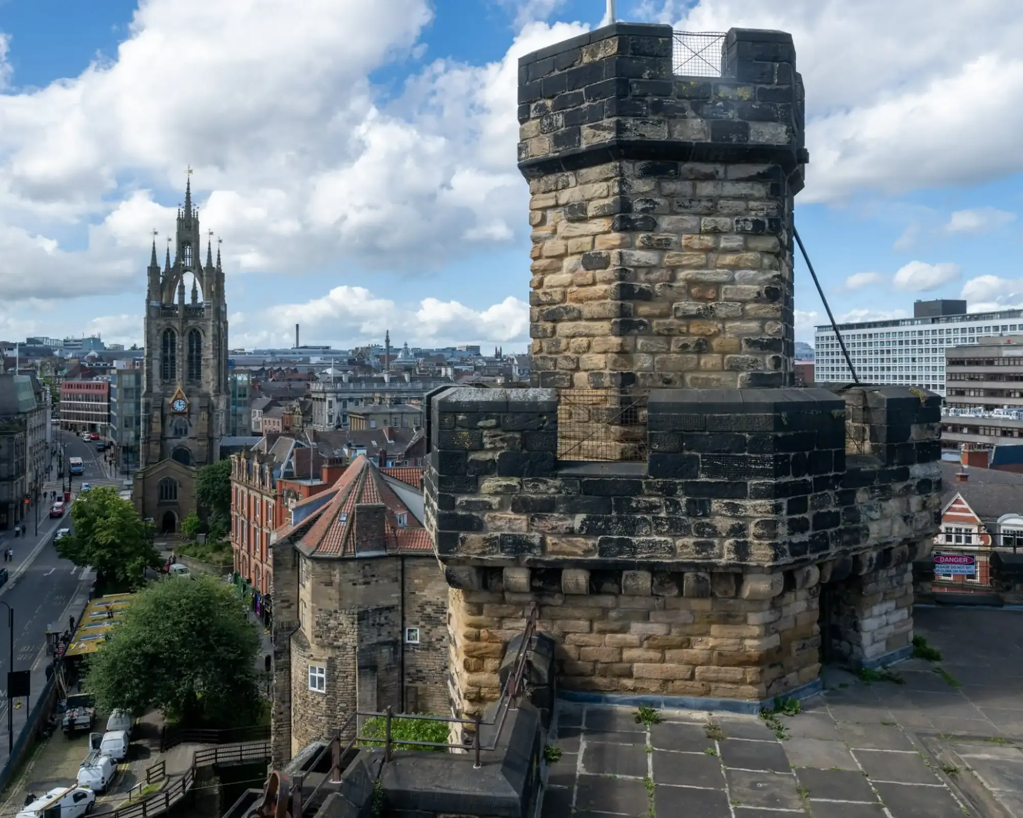 The roof of the Castle Keep in Newcastle, looking towards St Nicholas Cathedral’s lantern tower.